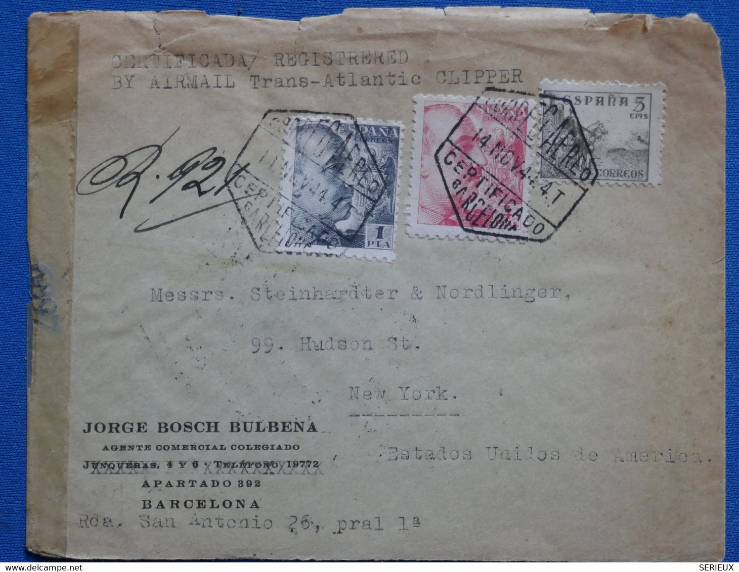 AA9  ESPANA  BELLE LETTRE CENSUREE  1944 BARCELONA  POUR NEW YORK + AFFRANCH. INTERESSANT - Marcas De Censura Nacional