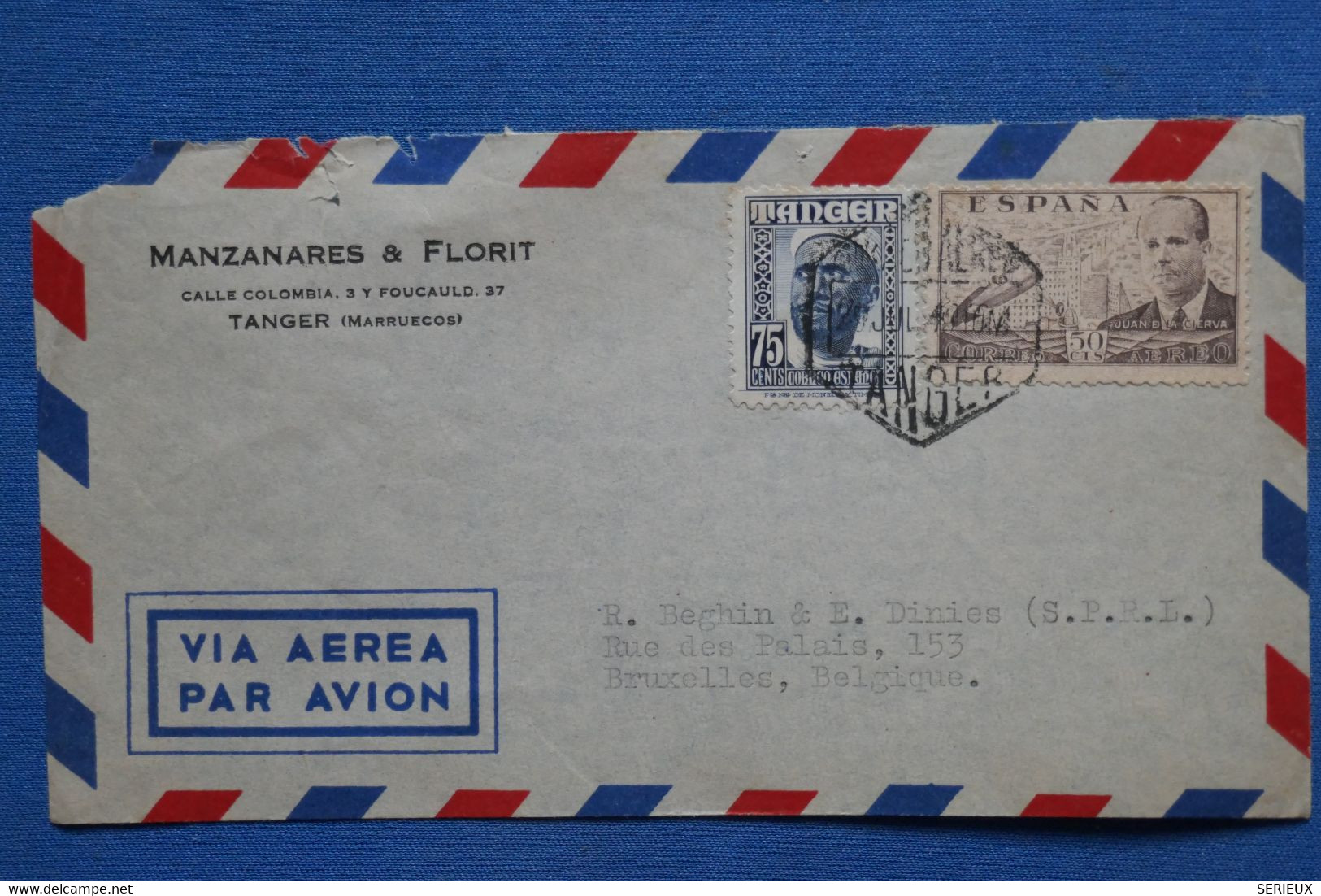 AA9  ESPANA  MAROC BELLE LETTRE    1944 TANGER POUR  BRUSSELS BELGICA   + AFFRANCH. INTERESSANT - Spanish Morocco