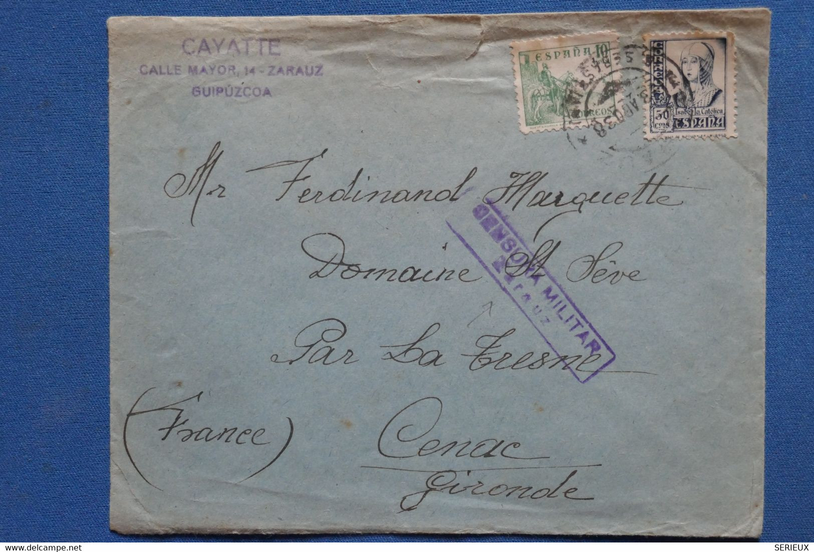 AA9  ESPANA    BELLE LETTRE CENSUREE   1944  CAYATTE POUR CENAC FRANCE + AFFRANCH. INTERESSANT - Marocco Spagnolo