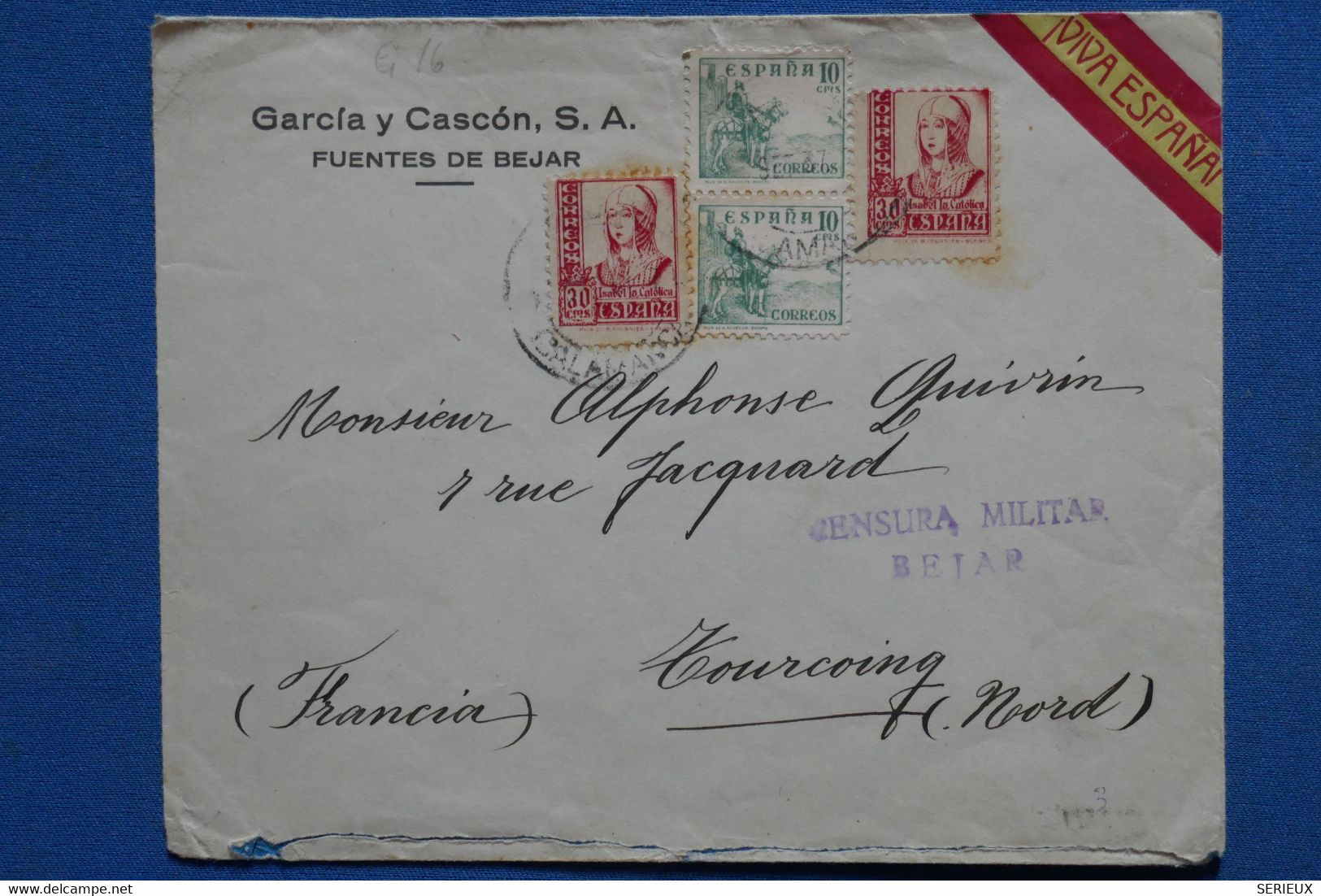 AA9  ESPANA BELLE LETTRE CENSUREE  BEJAR 1964 FUENTES  POUR TOURCOING FRANCE  + AFFRANCH. INTERESSANT - Marques De Censures Nationalistes