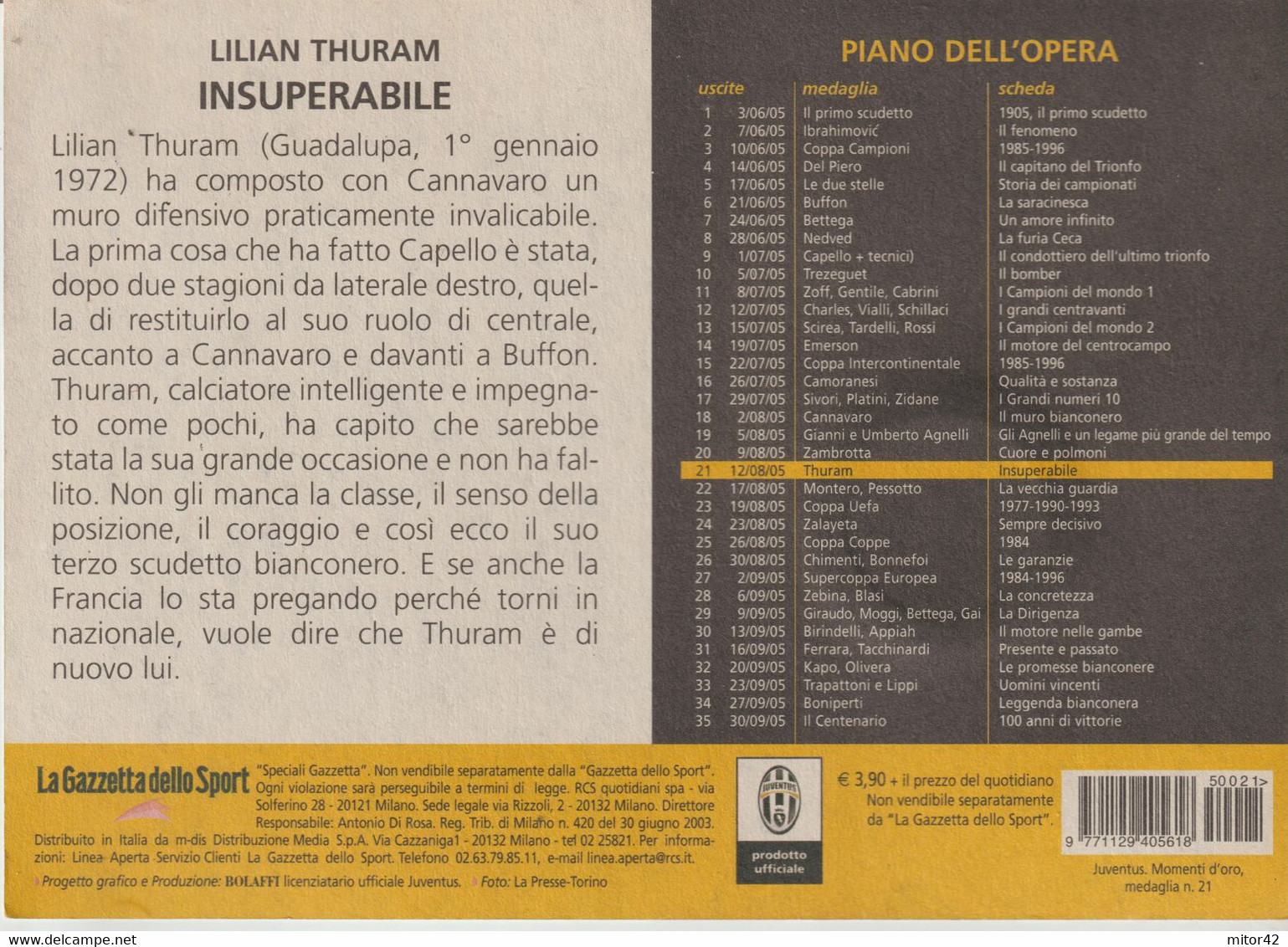 50V-Medaglia Della Juventus F.D.C.in Sottovuoto Bolaffi-Commemorativa  Del Difensore Lilian Thuram - Professionnels/De Société