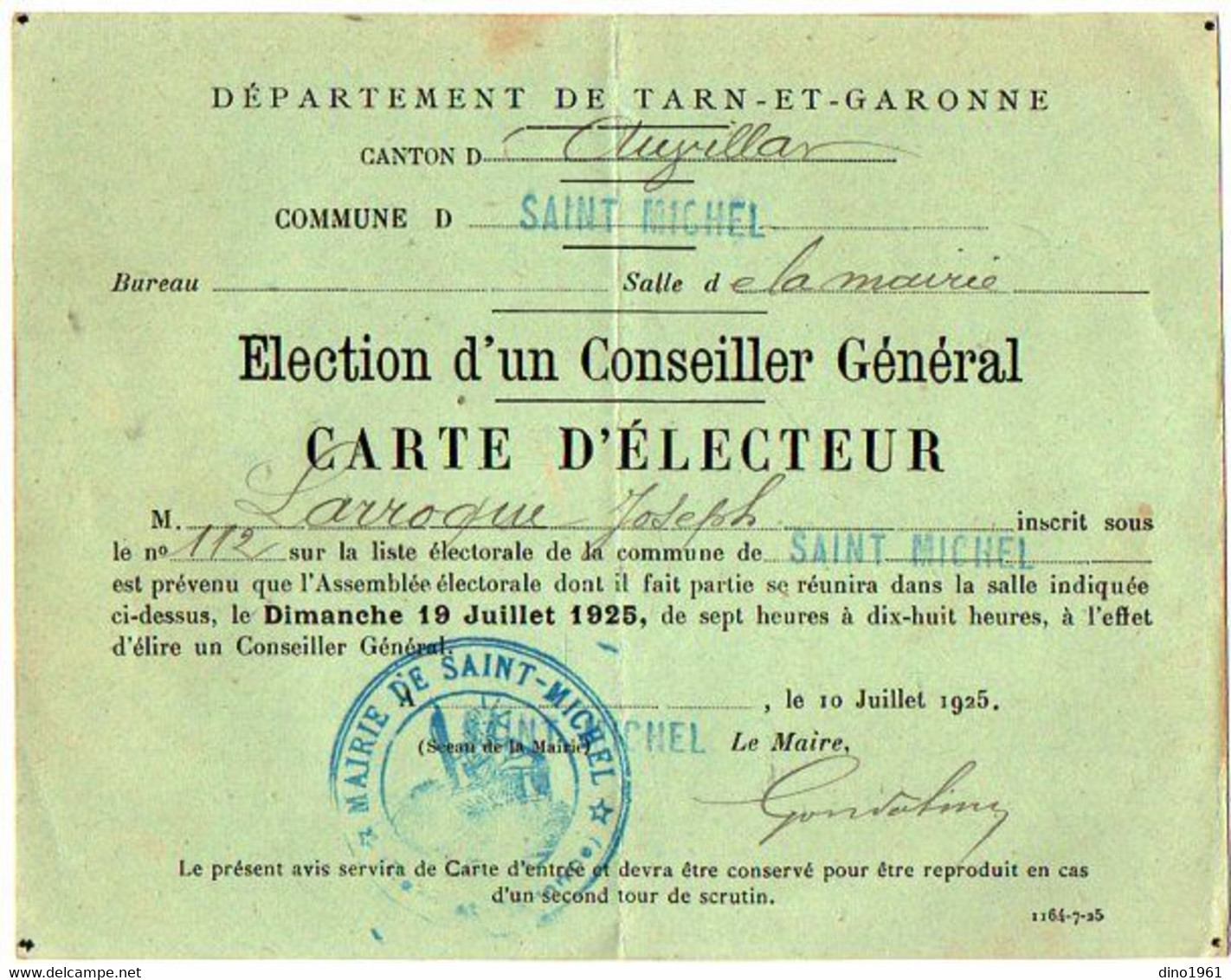 VP18.200 - AUVILLAR X SAINT MICHEL 1925 - Carte D'Electeur - Mr Joseph LARROQUE - Autres & Non Classés