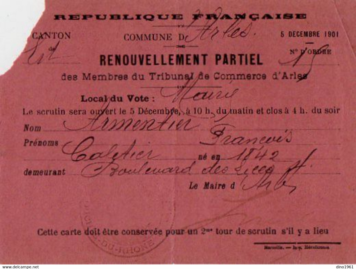 VP18.201 - ARLES  1901 - Carte D'Electeur - Mr François ARMENTIER Cafetier - Andere & Zonder Classificatie