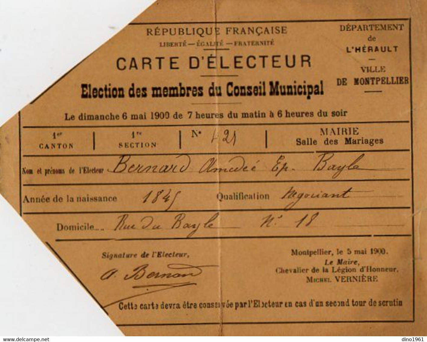 VP18.202 - MONTPELLIER 1900 - Carte D'Electeur - Mr Amédée BERNARD - Autres & Non Classés