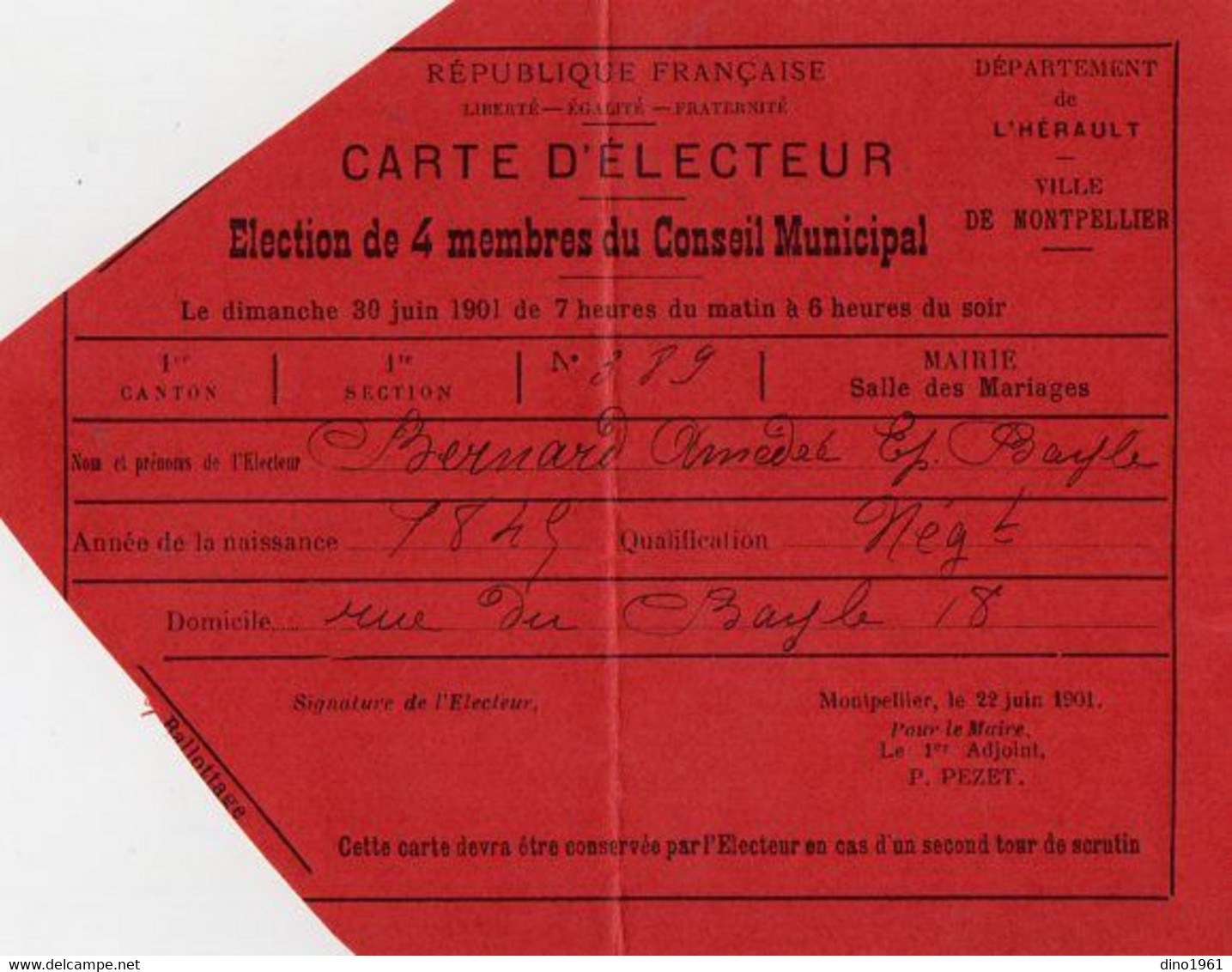 VP18.204 - MONTPELLIER 1900 - Carte D'Electeur - Mr Amédée BERNARD - Autres & Non Classés