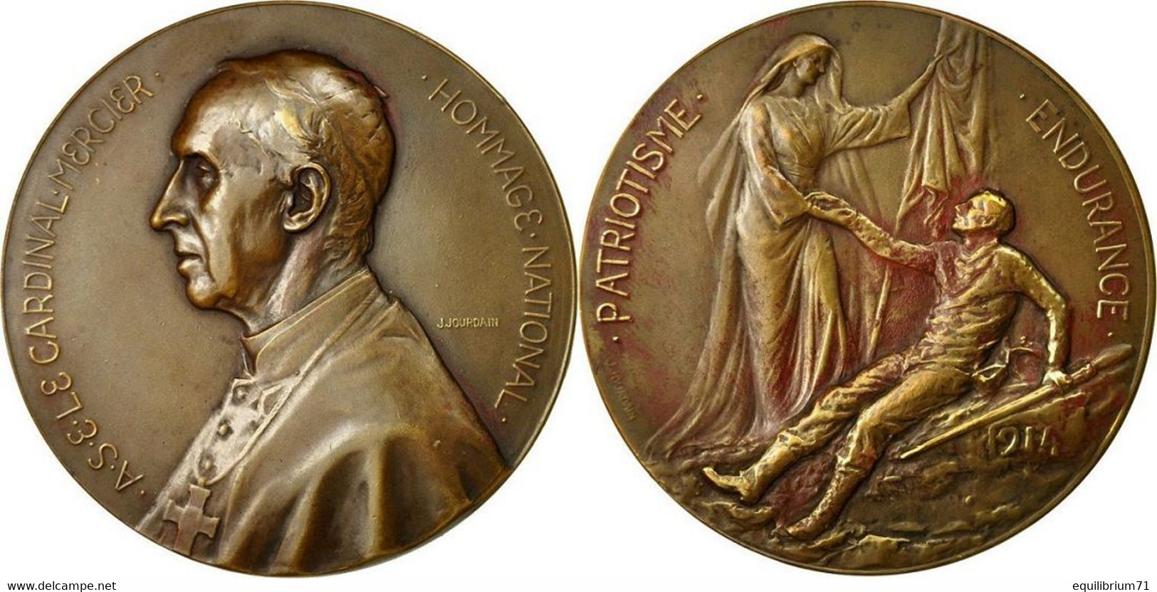 - Médaille Cardinal Mercier, Grande Guerre, Patriotisme, 1914 Graveur : J Jourdain - Autres & Non Classés