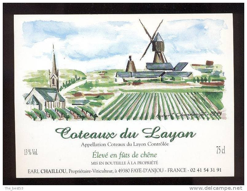 Etiquette De Vin Coteaux Du Layon - Chaillou à Fay D'Anjou (49) - Illustrateur H. Chardonnet 09.99 - Moulin à Vent - Molinos De Viento