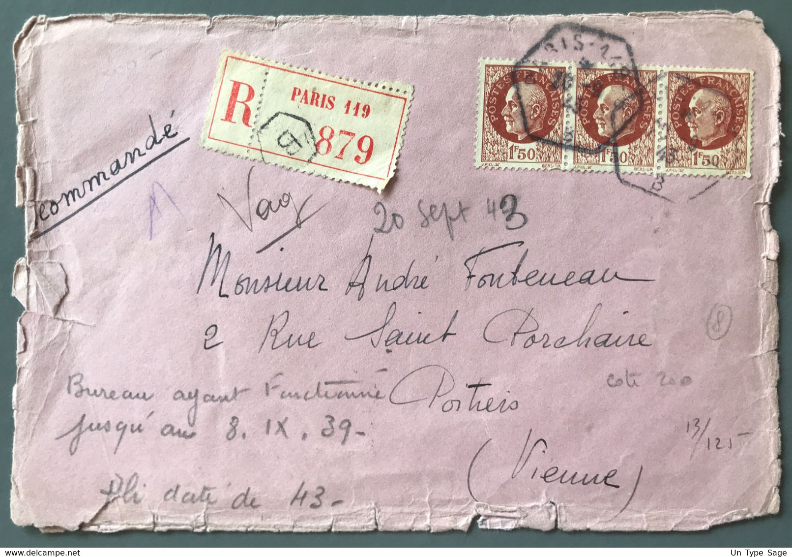 France N°517 (x3) Sur Enveloppe TAD PARIS 119 Du 20.9.1943 (bureau Fermé Le 8.9.1939 !!!) - (W1183) - Guerra De 1939-45