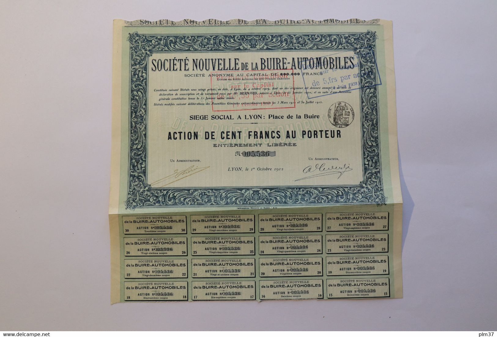 Société Nouvelle De La BUIRE-AUTOMOBILES - 1 Action De 100F - Lyon, 1912 - Automobilismo