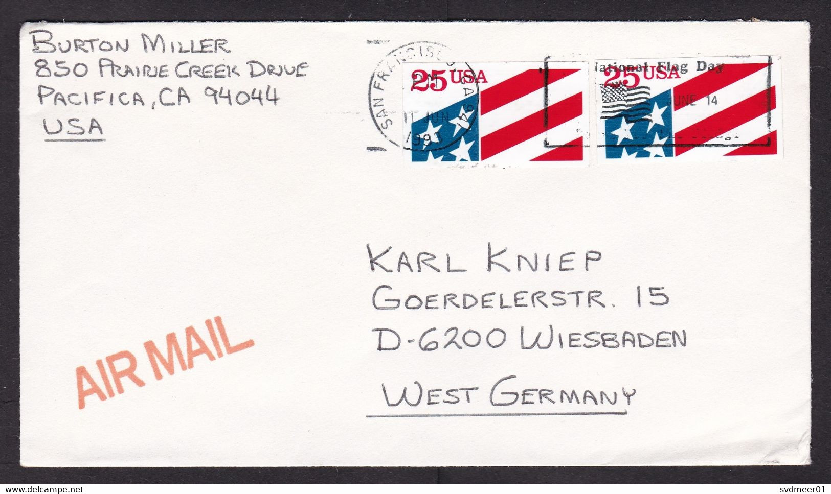 USA: Cover To Germany, 1993, 2 Imperforated Stamps, Flag (traces Of Use) - Cartas & Documentos