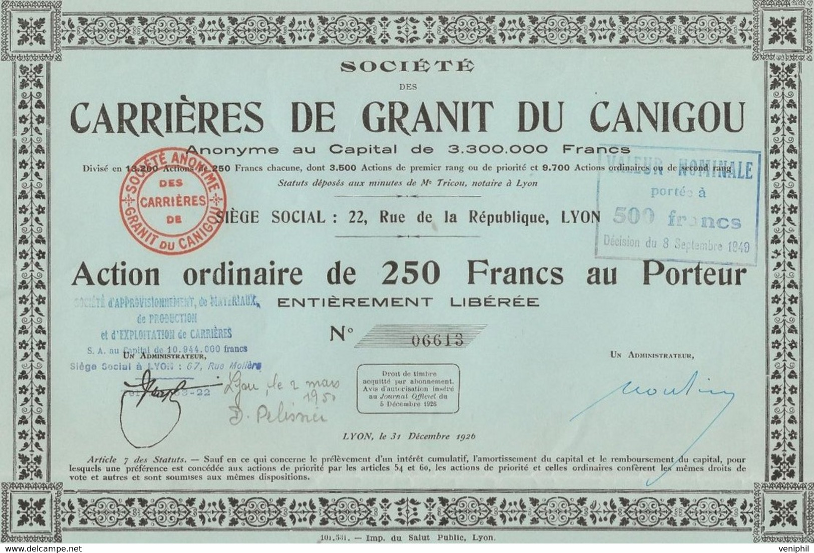 CARRIERES DE GRANIT DU CANIGOU - 1 ACTION ORDINAIRE DE 250 FRS -ANNEE 1926 - Mines