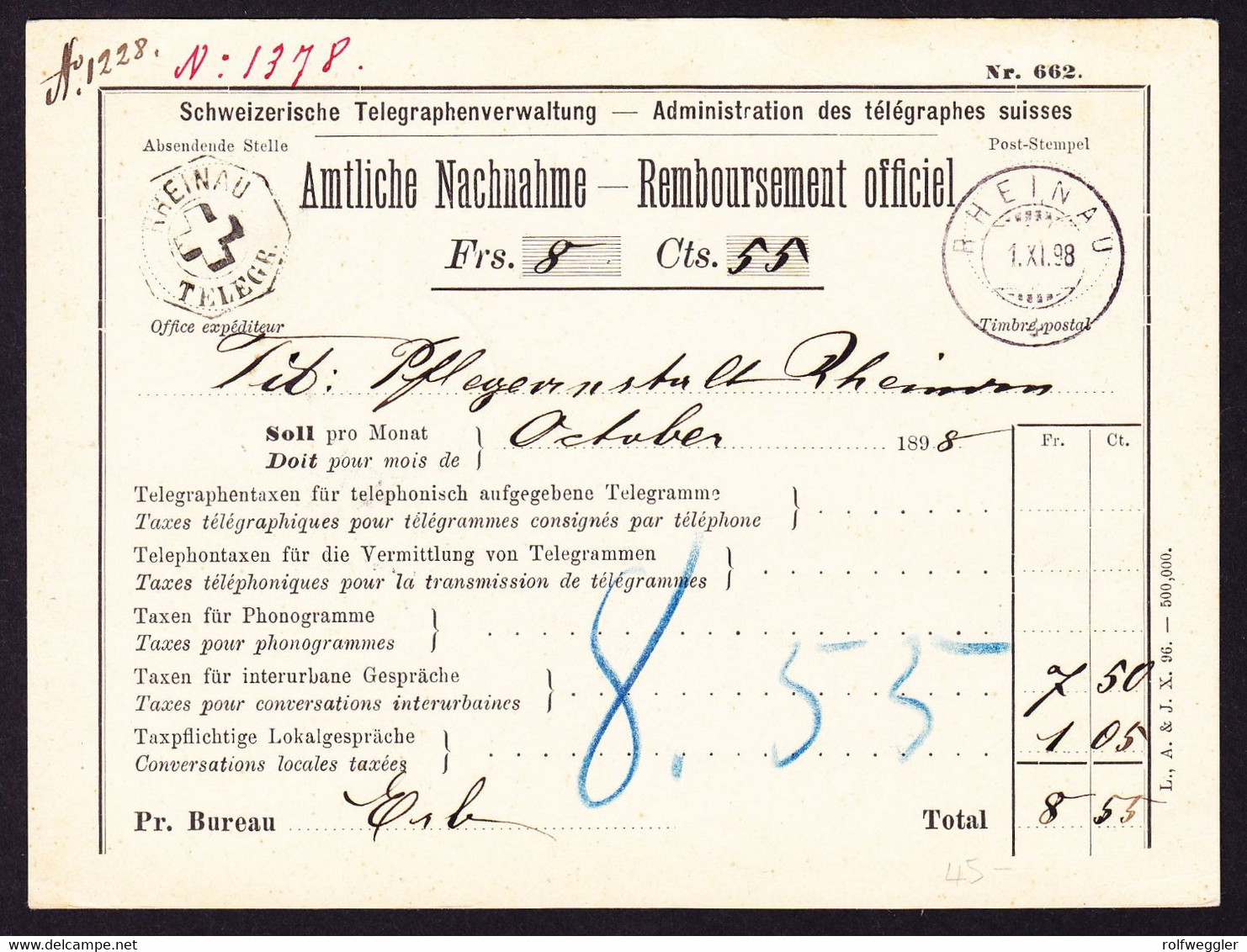 1898 Amtliche Nachnahme Mit Telegraphenstempel Rheinau Sowie Poststempel - Télégraphe