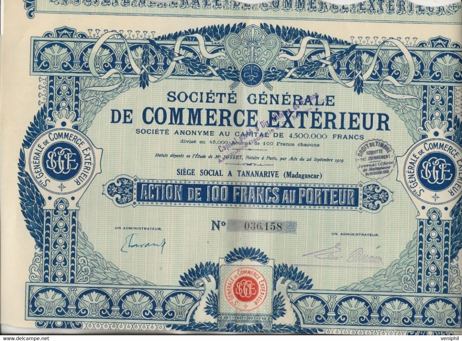 SOCIETE GENERALE DE COMMERCE EXTERIEUR -  TANANARIVE -MADAGASCAR - ACTION DE 100 FRS - ANNEE 1919 - Afrika