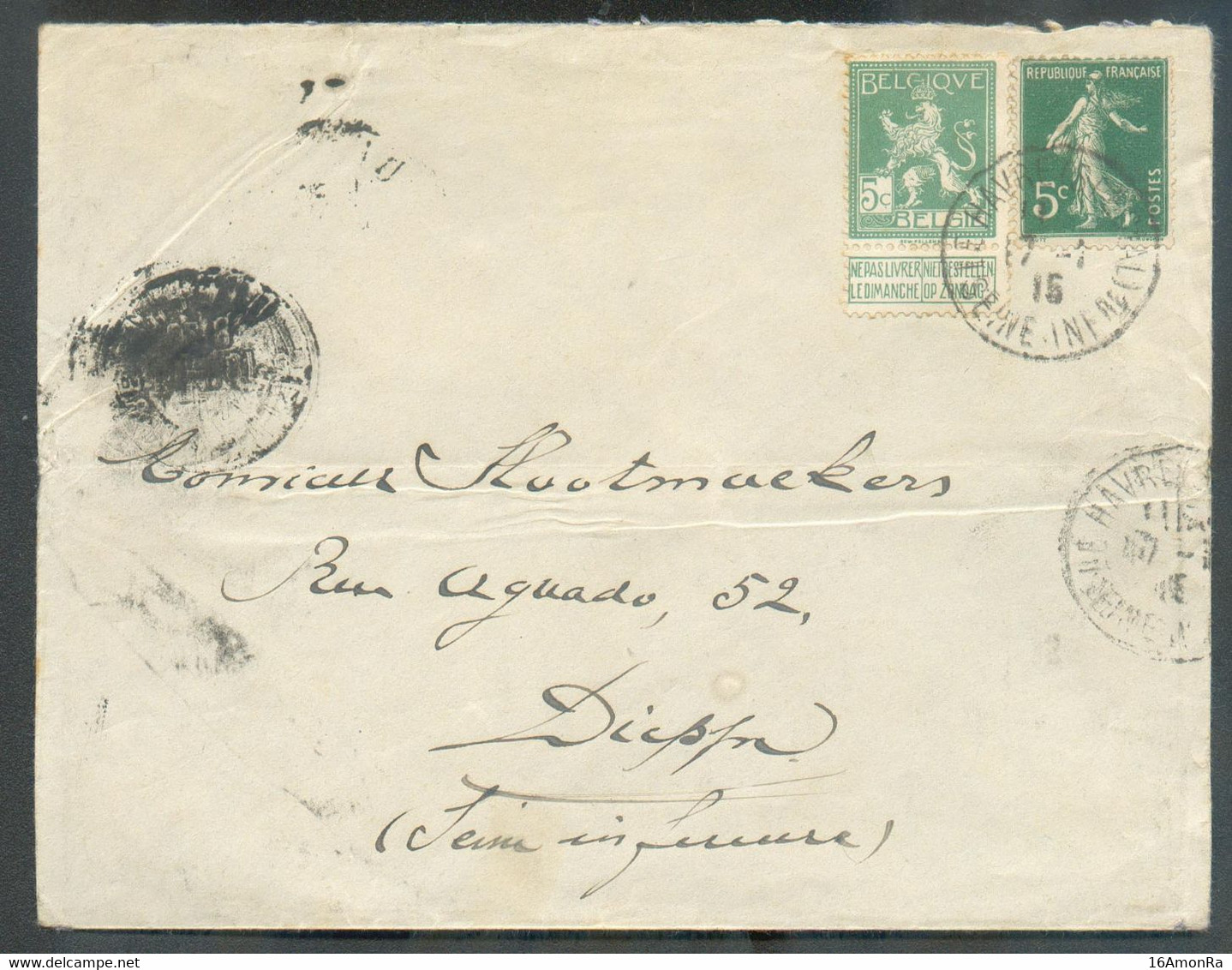 FRANCE 5 C. SEMEUSE + Belgique N°110 (affranchissement MIXTE) Obl. Sc LE HAVRE (SPECIAL) Sur Lettre Du 17-1 1914 En Port - Andere & Zonder Classificatie