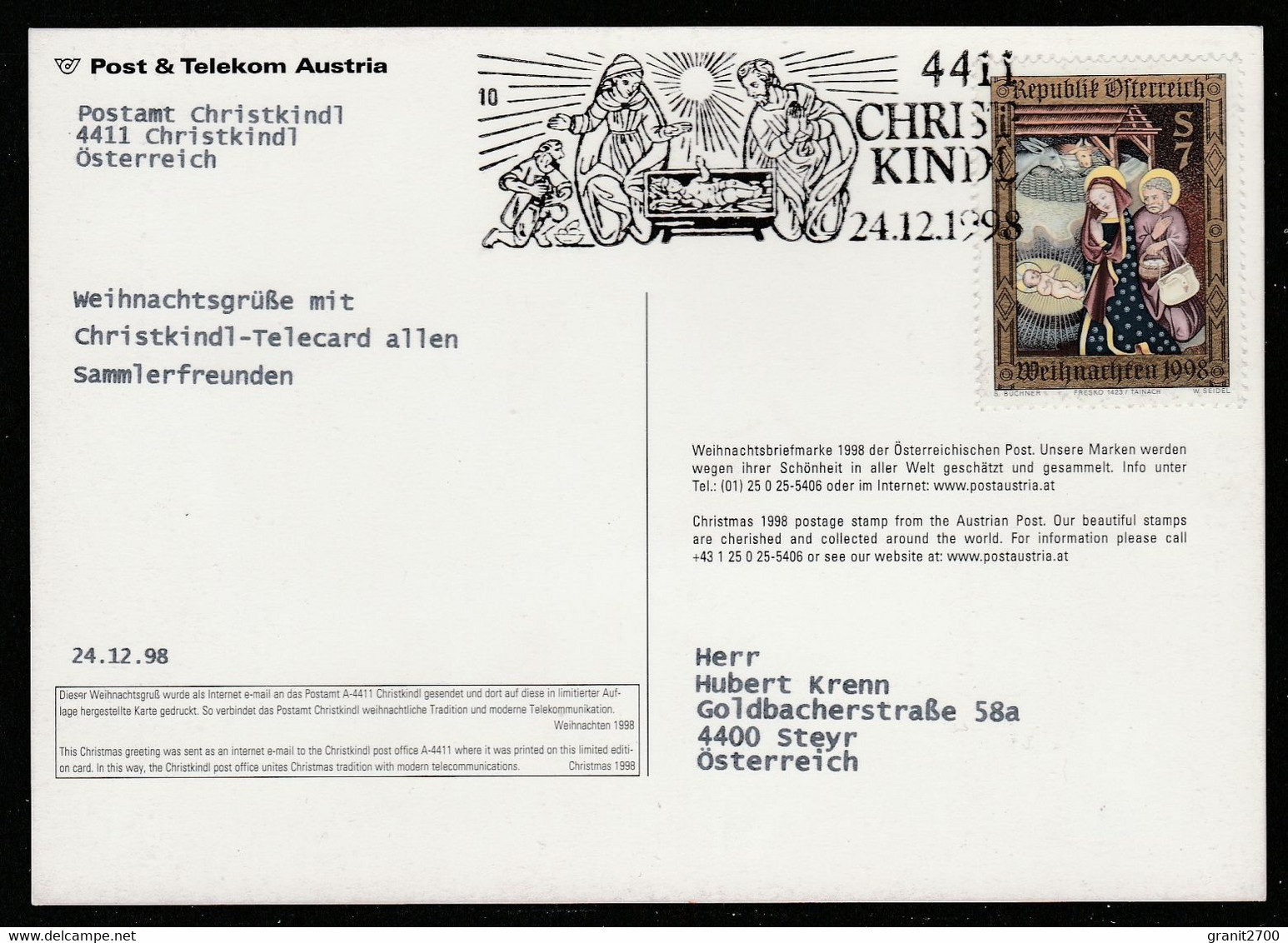 Christkindl  Tele Card  Vom 24.12.1998 - Brieven En Documenten