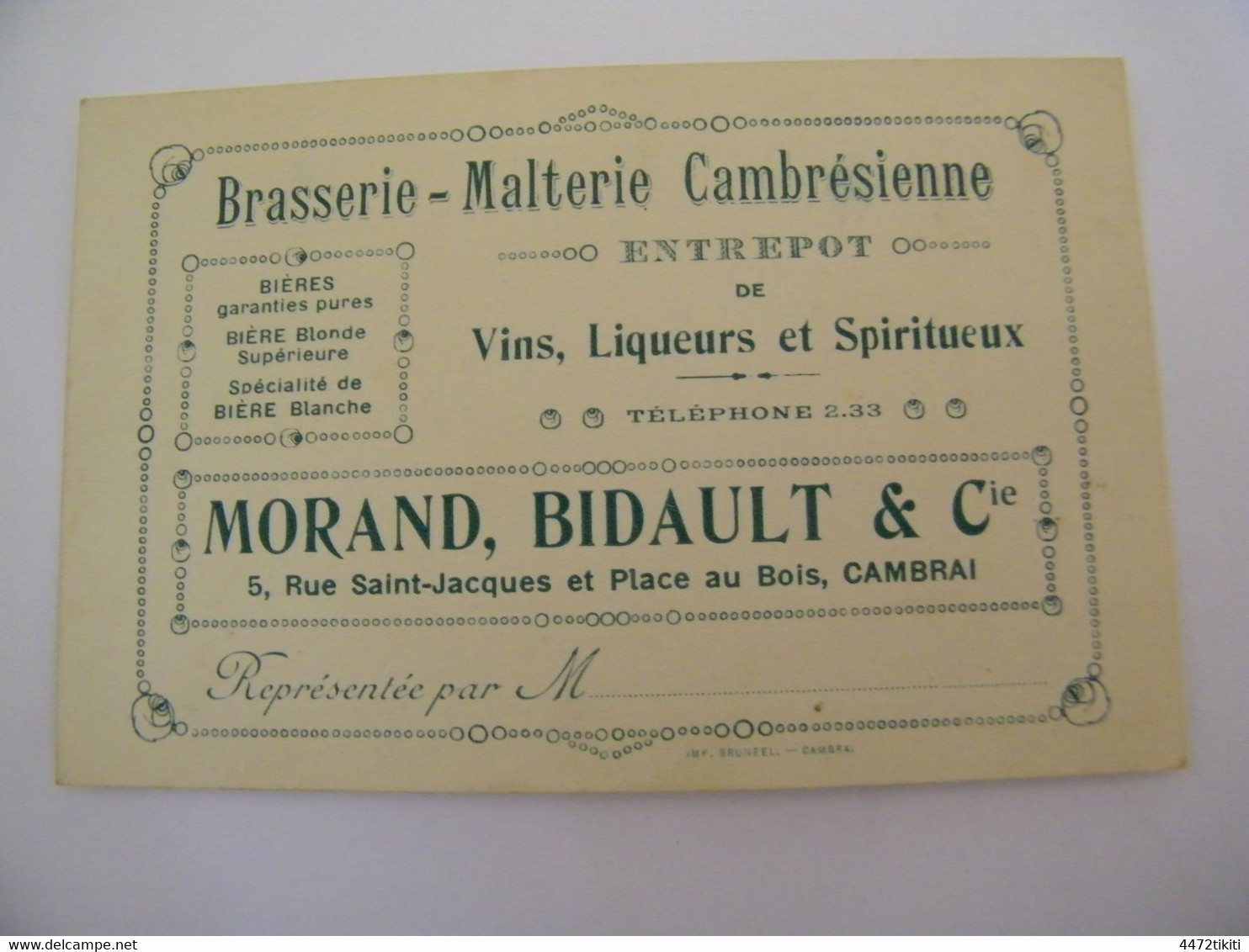 Carte  Visite Publicitaire Brasserie Malterie Cambrèsienne Morand Bidault & Cie Cambrai (59) - 1940 - SUP (FP 1) - Cafes