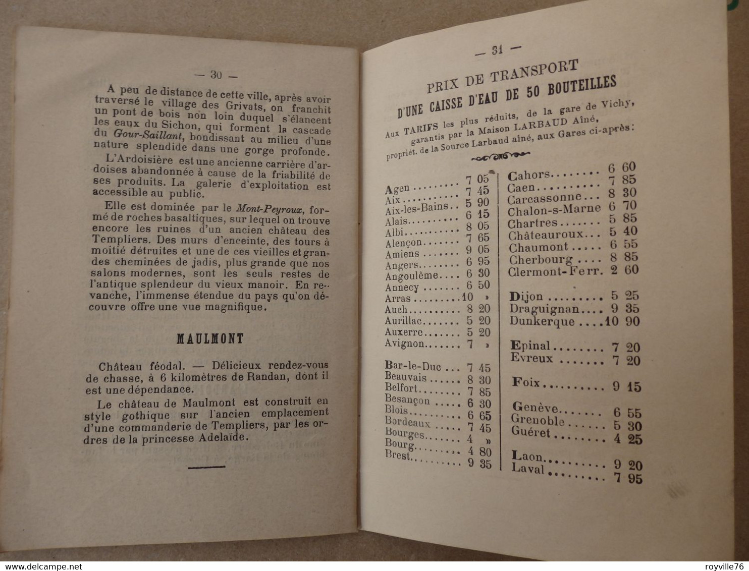 Dépliant touristique de Vichy (03) et ses thermes de la source Larbaud Aine saison 1883. 32 pages.