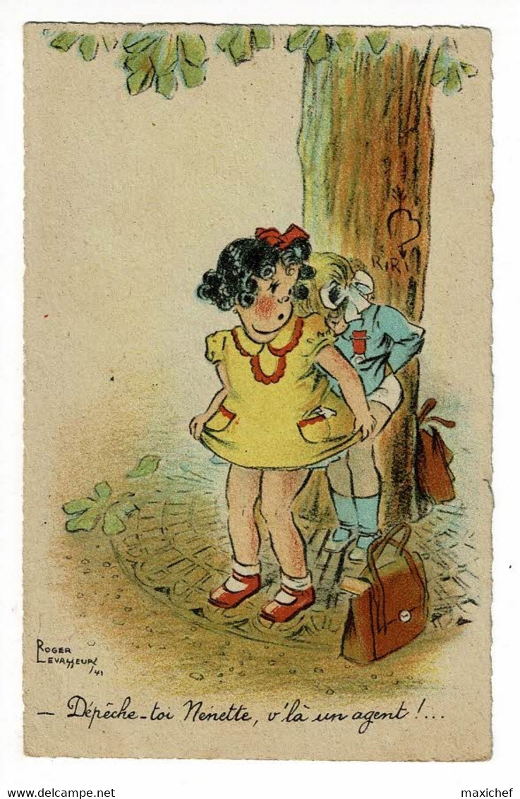 Carte Illustrée Roger Levasseur - Dépêche-toi, V'là Un Agent (Fillette Cachant Nénette Qui Urine Devant Un Arbre) Circ - Levasseur, Roger