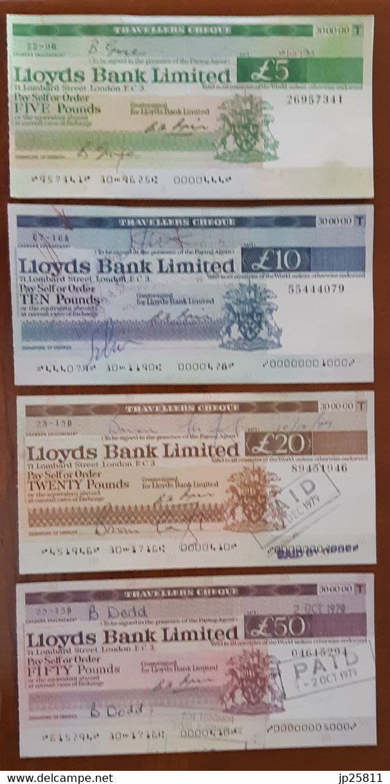 UK Lloyds Bank Set Traveller's Cheque 5, 10, 20, 50 Pounds - Otros & Sin Clasificación