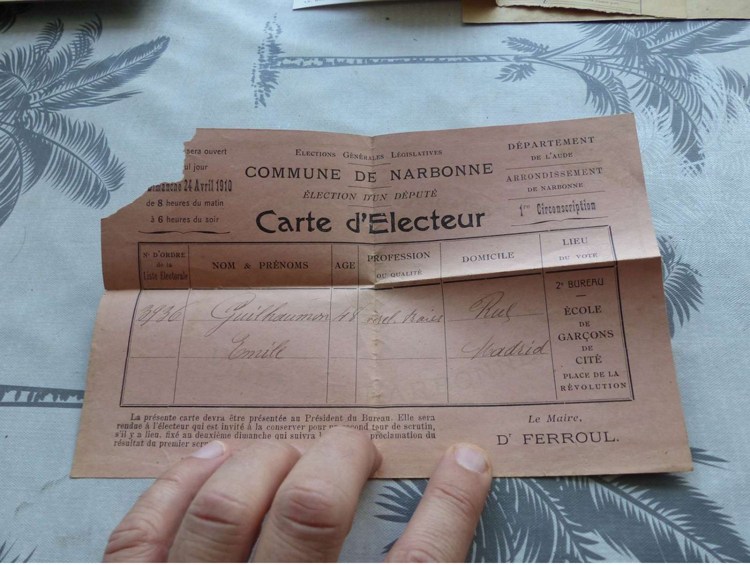 MI-22, Carte D'électeur, Election D'un Député, Commune De Narbonne, 24 Avril 1910 - Ohne Zuordnung