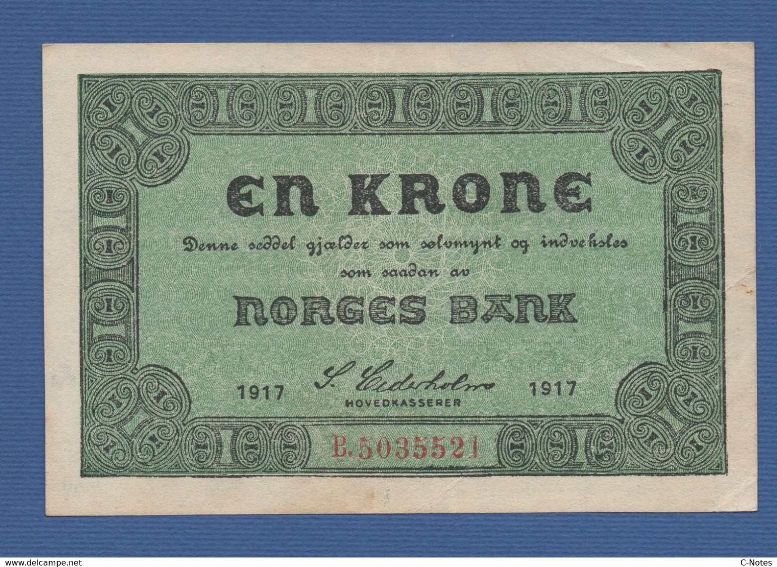 NORWAY - P.13a(2) – 1 Krone 1917 VF+ Serie B.5035521 - Norvège