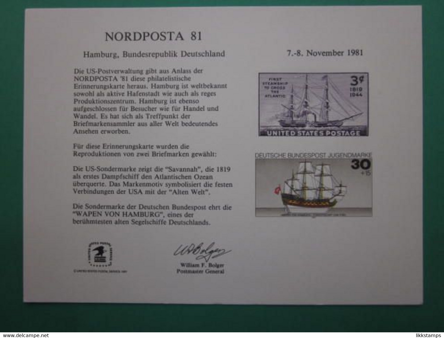 1981 A SOUVENIR CARD FOR NORDPOSTA 81, HAMBURG, GERMANY. ( 02188 ) - Cartoline Ricordo