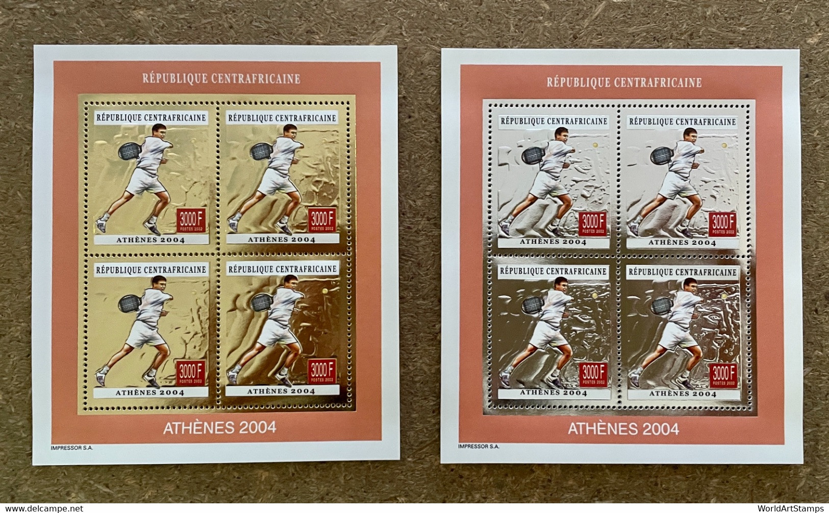 Stamps Minisheets Olympic Games Tennis Athénes 2004 Gold & Silver Central Africa Perf - Sommer 2004: Athen - Paralympics