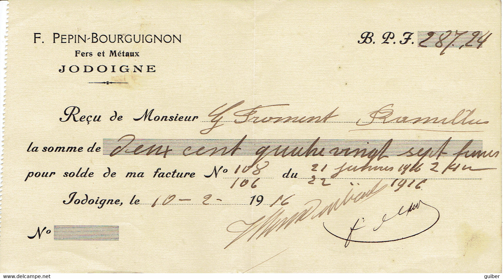 Recu , Facture De 1916 F. Pepin  Bourguignon Fers Et Metaux  Jodoigne - 1900 – 1949