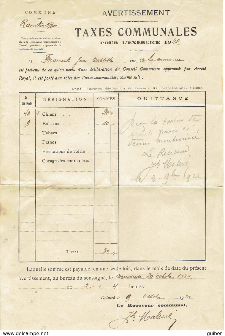 Avertissement Taxes Communales Sur Les Chiens... Commune De Ramillies Offus - Historical Documents