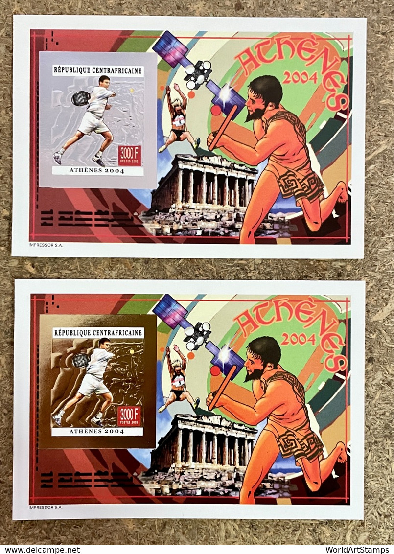 Stamps Deluxes Blocs Olympic Games Tennis Athénes 2004 Gold & Silver Central Africa Imperf. - Sommer 2004: Athen - Paralympics