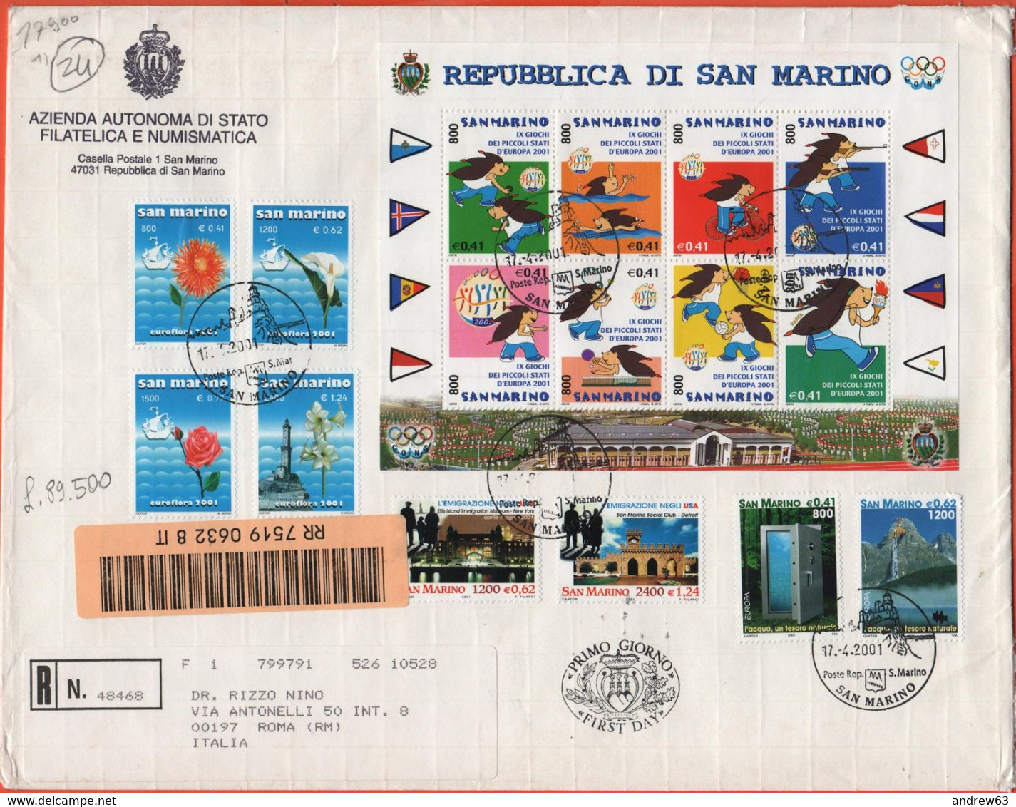 SAN MARINO - 2001 - Emigrazione Negli Usa + Euroflora + Europa Cept + BF73 9ª Edizione Dei Giochi Dei Piccoli Stati D'Eu - FDC