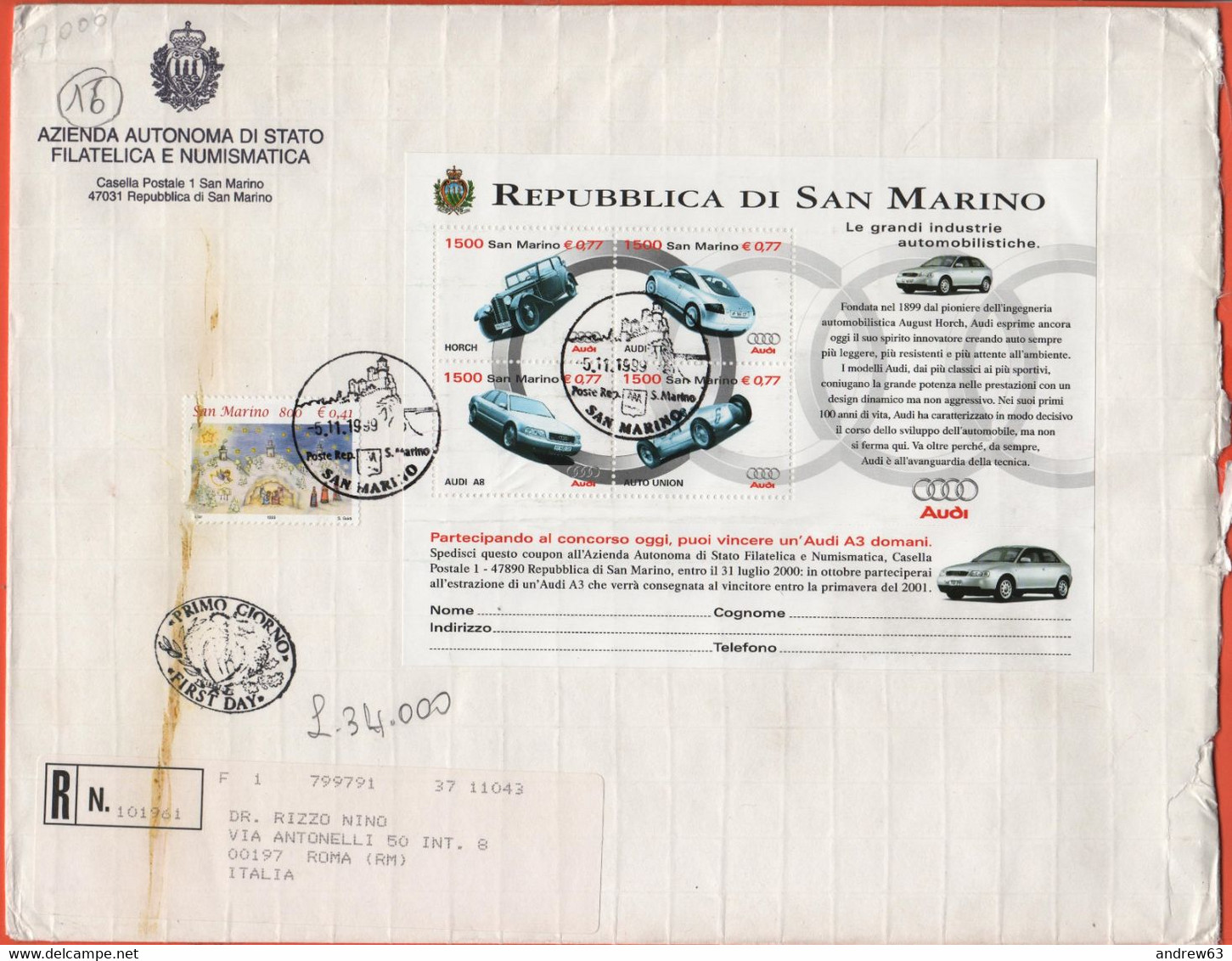 SAN MARINO - 1999 - BF63 Audi + Natale + 4  X Sant'agata Feltria Sul Retro - FDC - Azienda Autonoma Di Stato - RACCOMAND - FDC