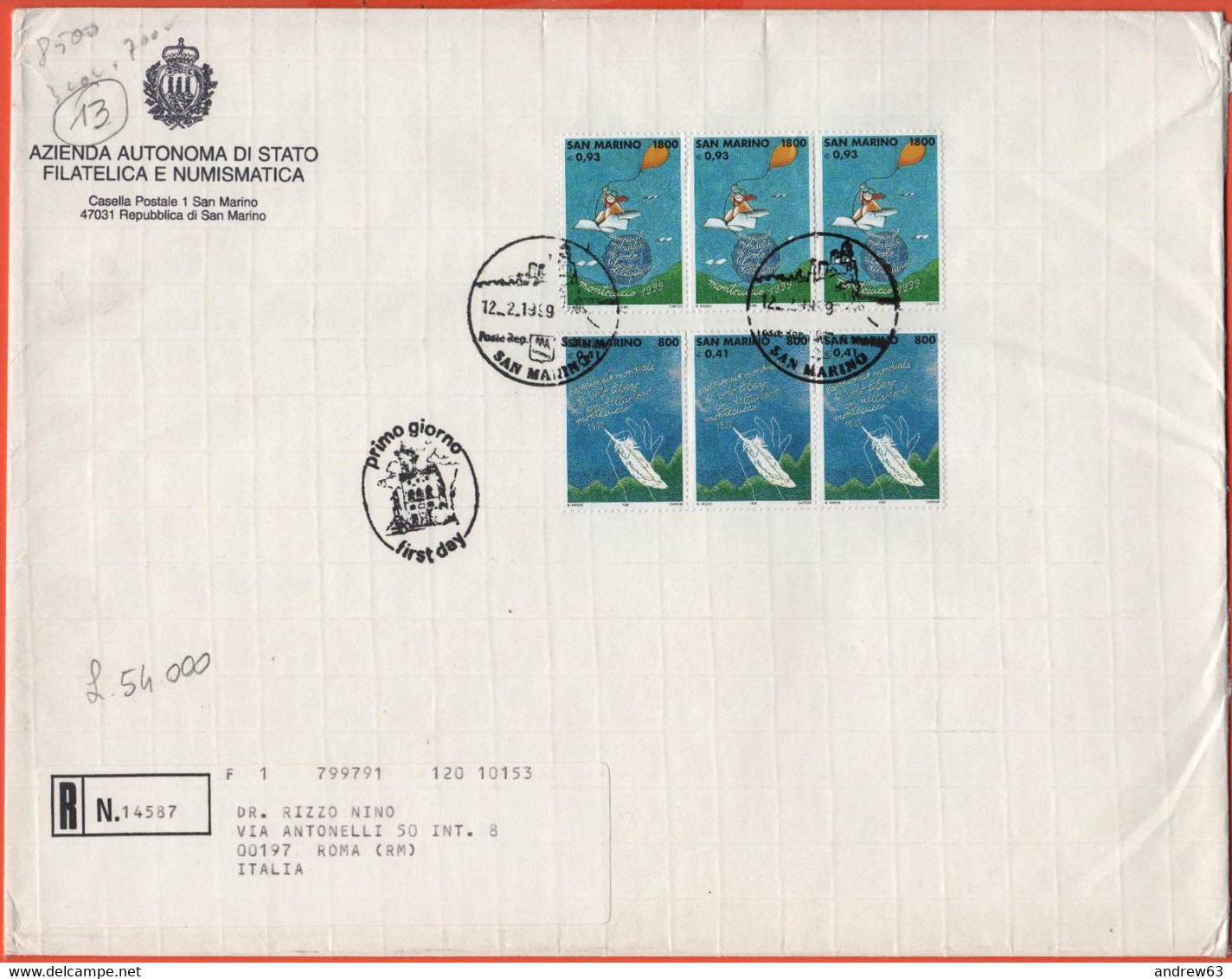 SAN MARINO - 1999 - 3 X Campionato Mondiale Di Volo Libero Con Deltaplano + 2 Francobolli Sul Retro - FDC - Azienda Auto - FDC