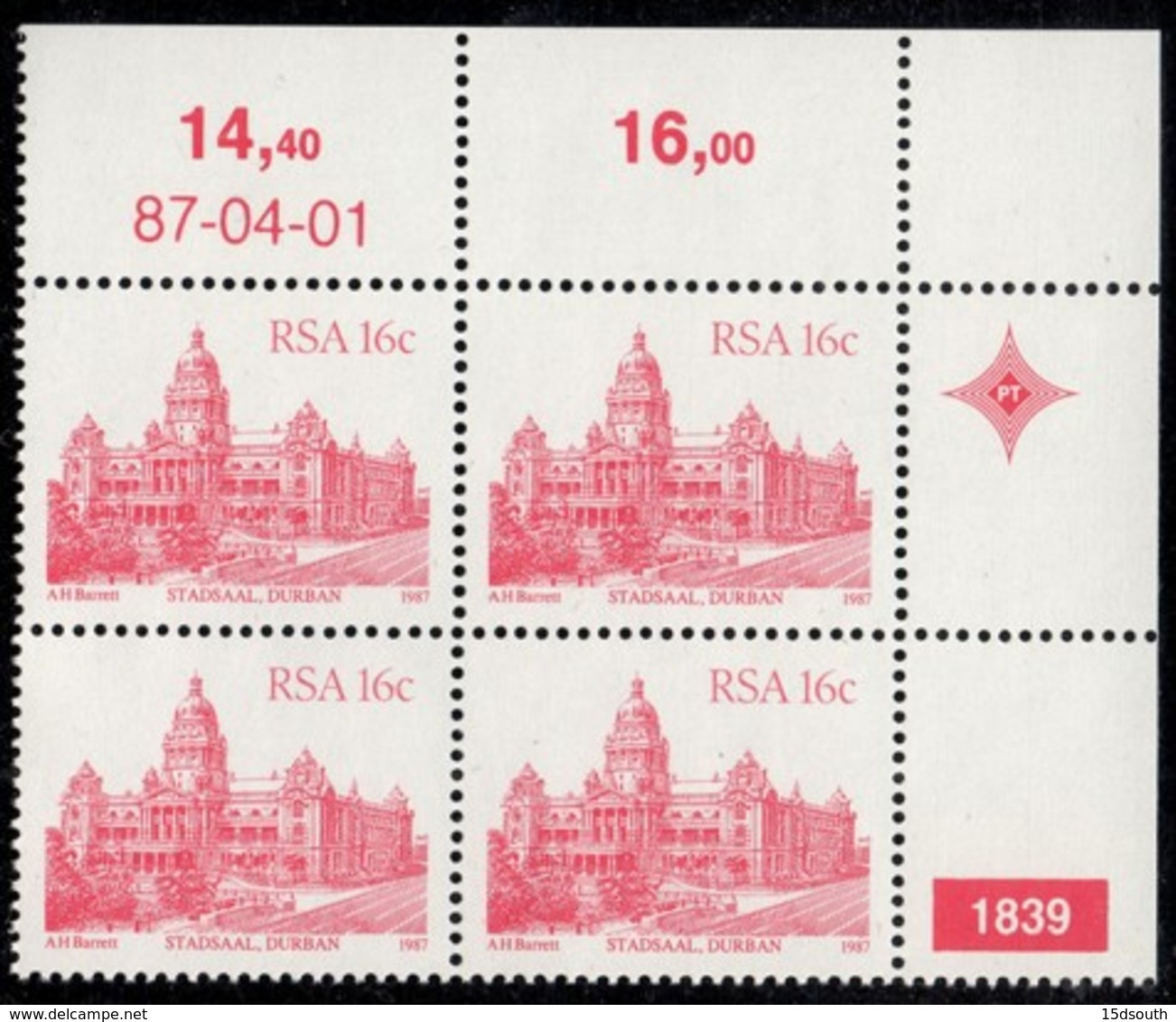 South Africa - 1987 Architecture Definitive 16c Control Block 1839 87.04.01 (**) # SG 521a - Blokken & Velletjes