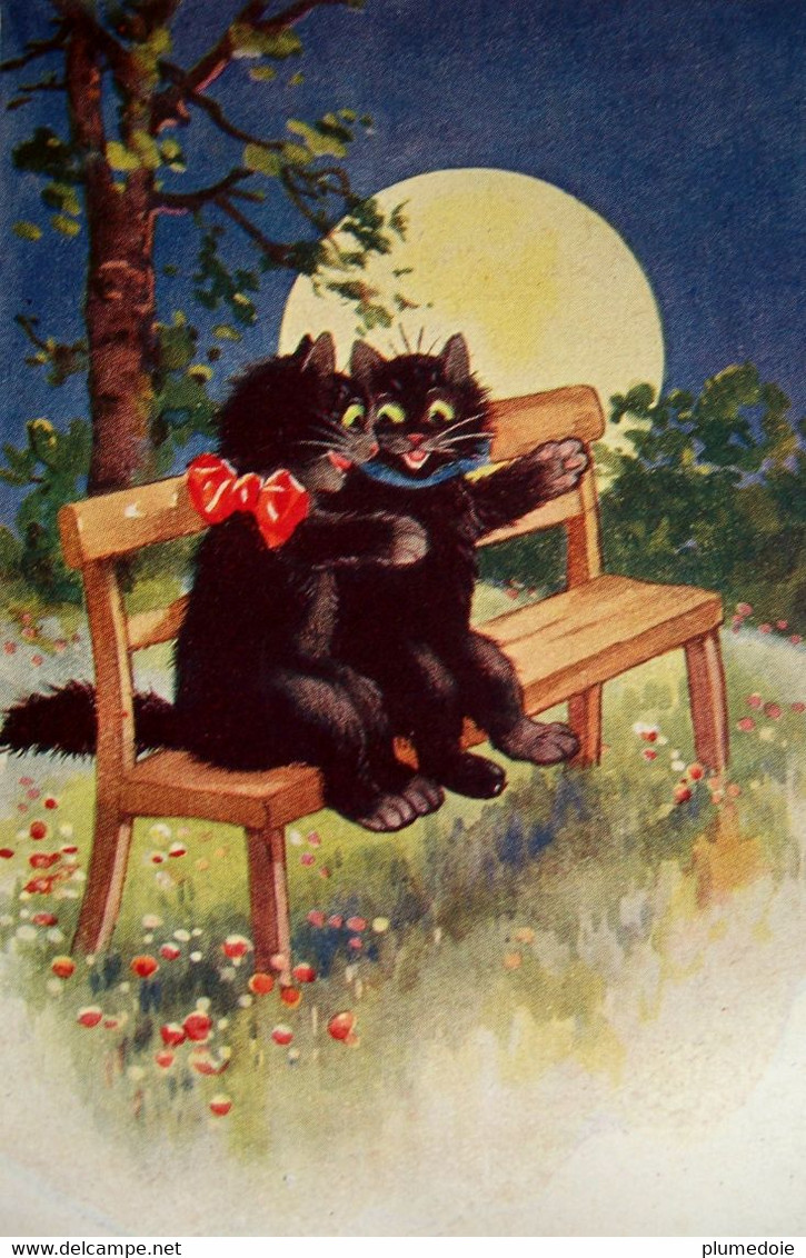 Cpa  Illustrateur CHATS AMOUREUX . PLEINE LUNE .CHAT NOIR . DRESSED CAT BLACK CATS FULL MOON LOVERS  OLD PC - Cats