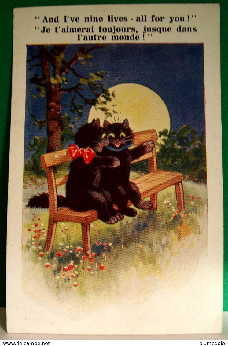 Cpa  Illustrateur CHATS AMOUREUX . PLEINE LUNE .CHAT NOIR . DRESSED CAT BLACK CATS FULL MOON LOVERS  OLD PC - Cats