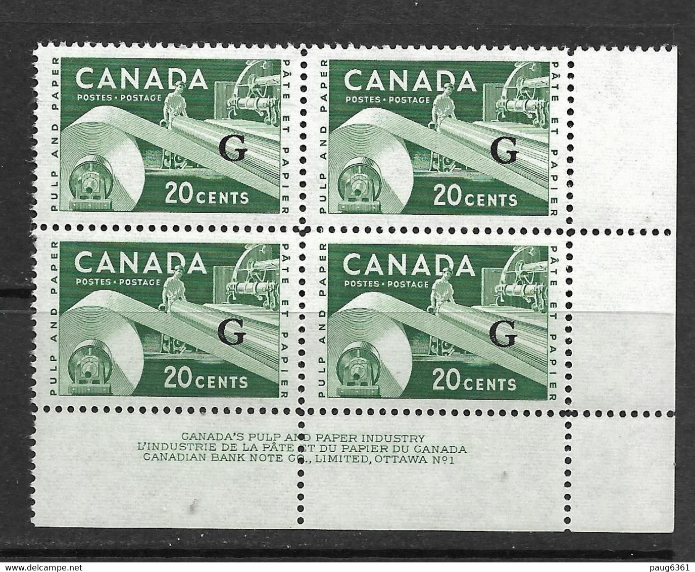 CANADA 1956 SERVICE-INDUSTRIE DU PAPIER  BLOC DE 4 YVERT N°S44 NEUF MNH**/MLH* - Sobrecargados