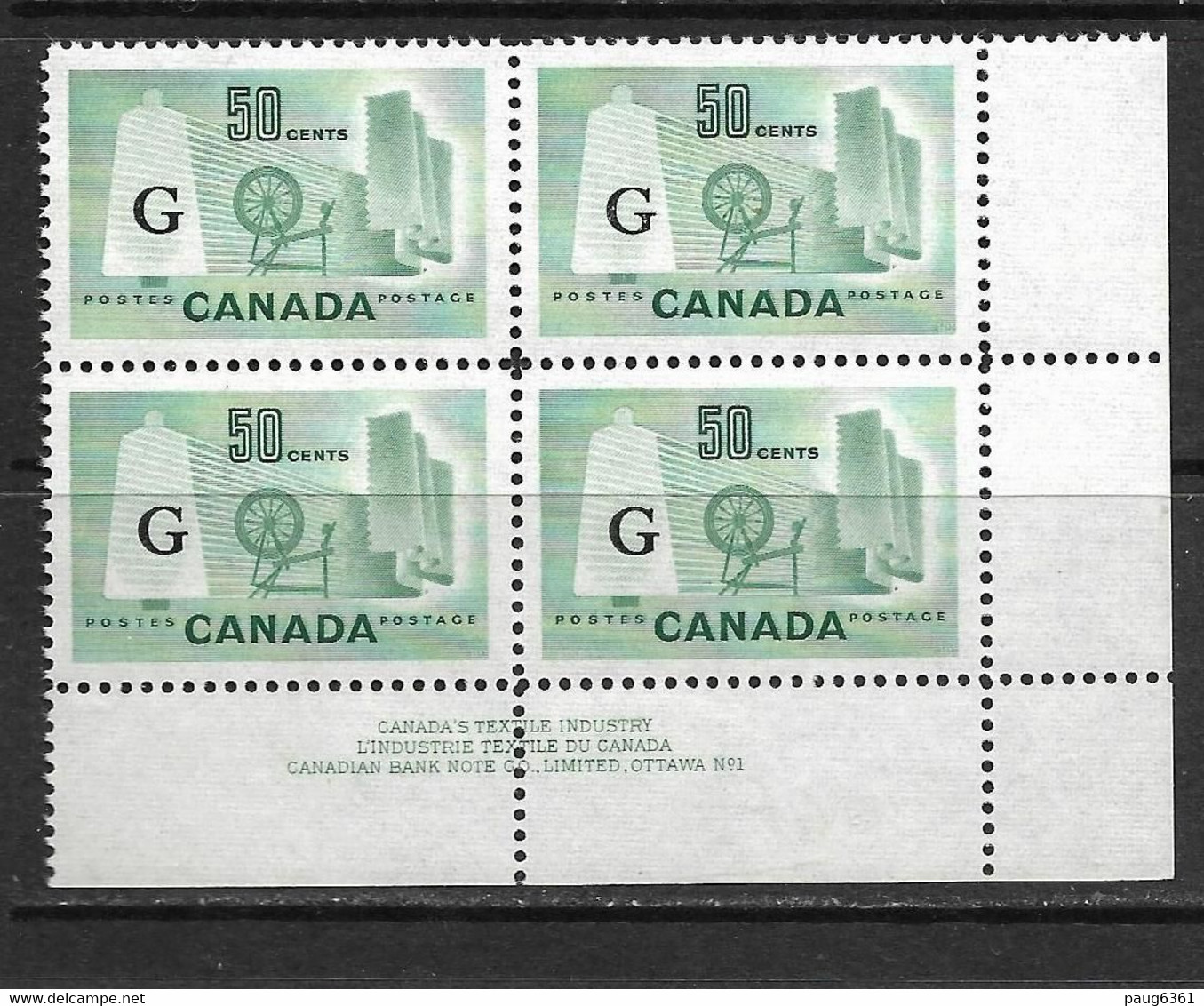 CANADA 1953 SERVICE-INDUSTRIES TEXTILES  BLOC DE 4 YVERT N°S38 NEUF MNH**/MLH* - Surchargés