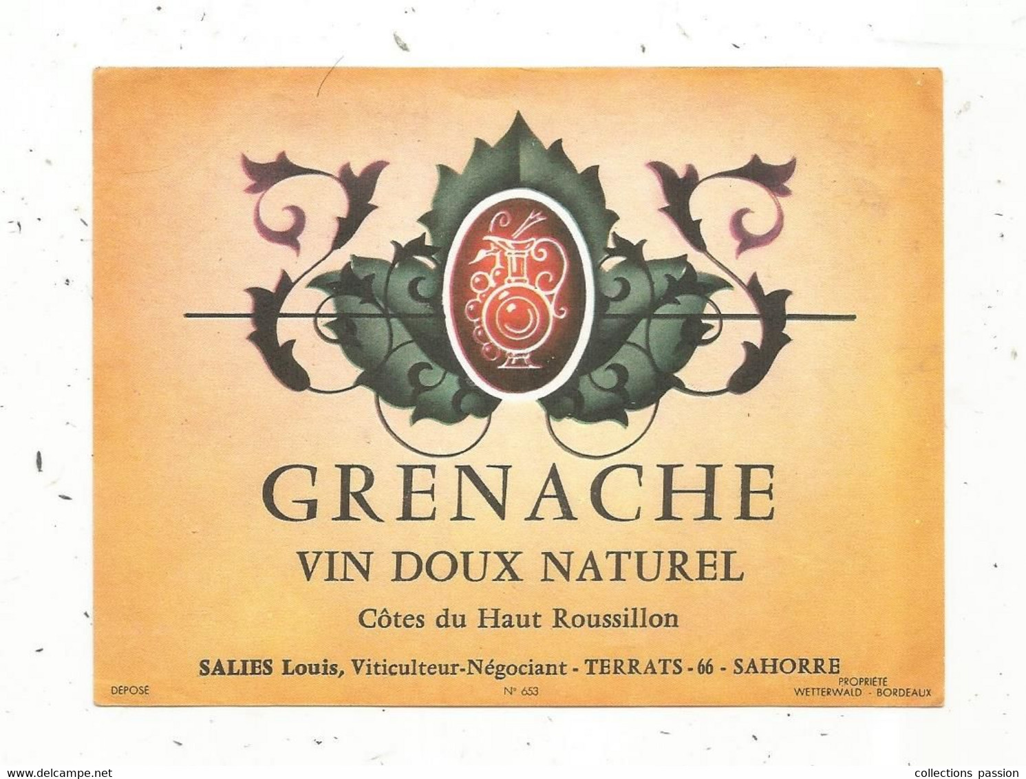 étiquette , Alcool , Apéritif à Base De Vin, GRENACHE,  Côtes Du Haut ROUSSILLON , Salies Louis, Terrats, 66, Sahorre - Vin De Pays D'Oc