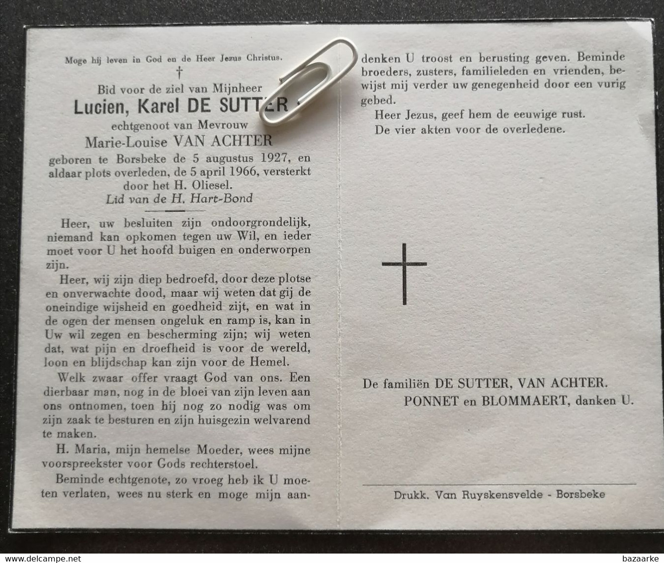 LUCIEN KAREL DE SUTTER ° BORSBEKE 1927 + 1966 / MARIE LOUISE VAN ACHTER - Santini