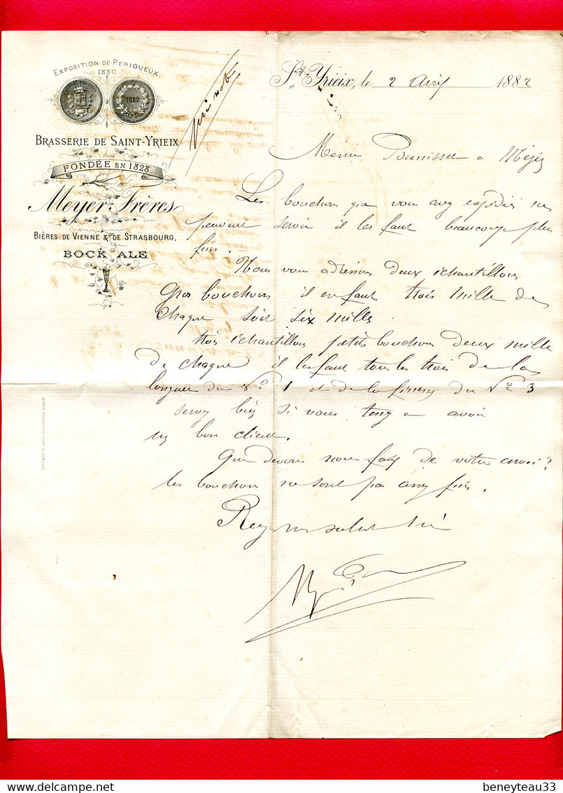 (Ref : F&T 236) Factures & Documents Commerciaux BRASSERIE DE SAINT-YRIEIX MEYER Frères SAINT-YRIEIX - 1800 – 1899