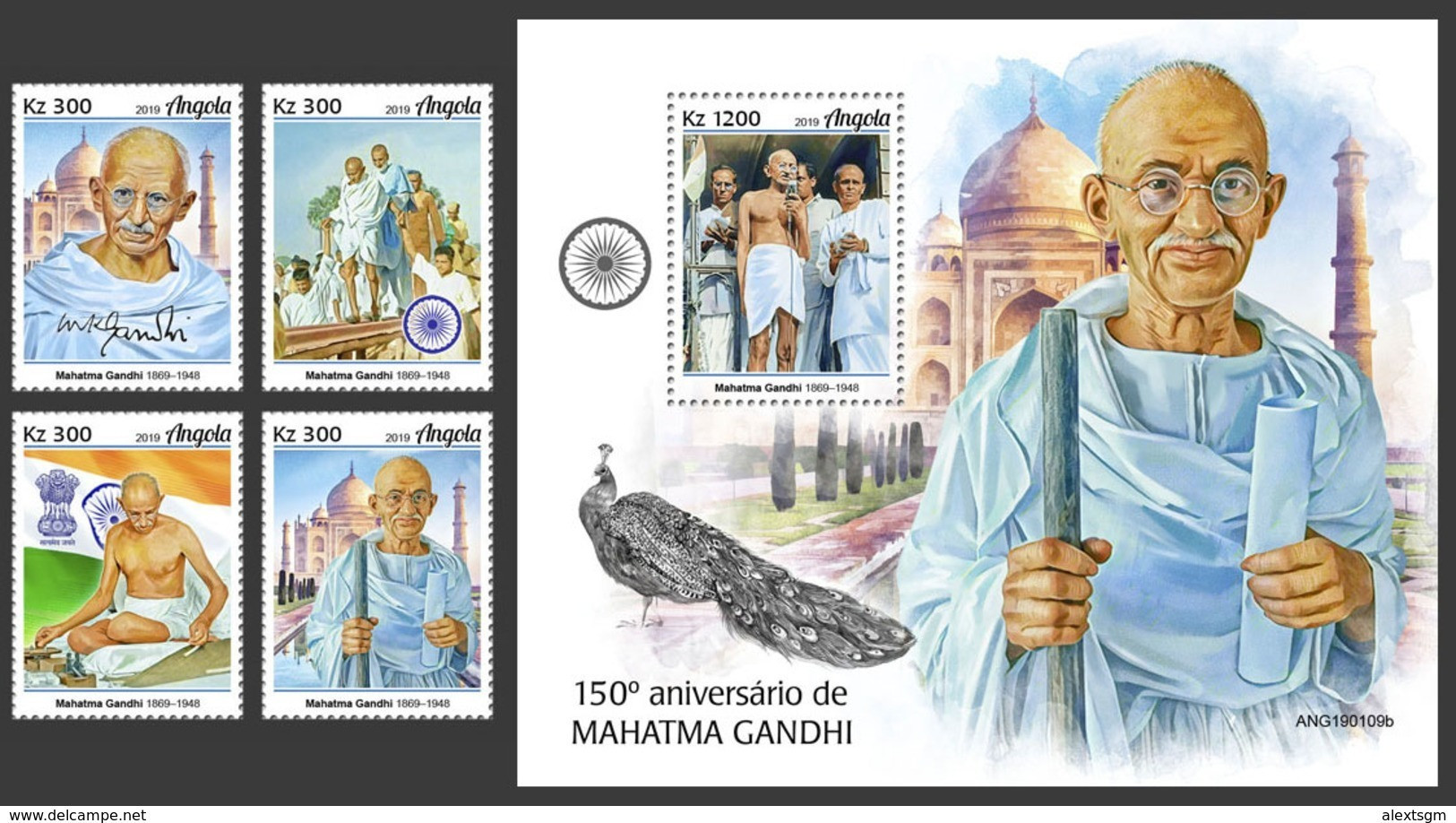 ANGOLA 2019 - M. Gandhi, Taj Mahal - YT 1872-5 + BF186, CV=26 € [ANG190109] - Mosques & Synagogues