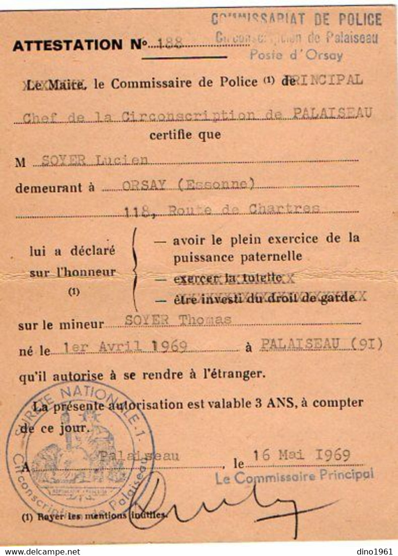 VP18.207 - PALAISEAU 1969 - Commissariat De Police - Attestation D'Autorisation De Sortie Du Territoire Métropolitain .. - Politie & Rijkswacht