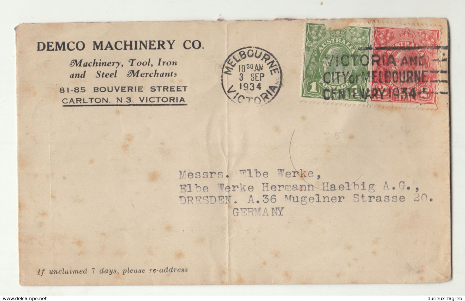 Demco Machinery Company Letter Cover Posted 1934 Victoria And Melbourne Centenary Slogan Pmk  B210901 - Cartas & Documentos