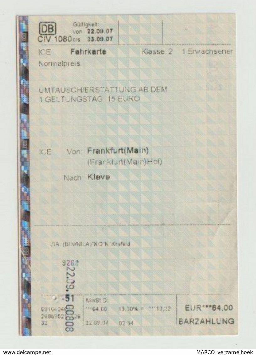 Vervoerbewijs DB Deutsche Bundesbahn (kleve (D) -frankfurt) - Europa