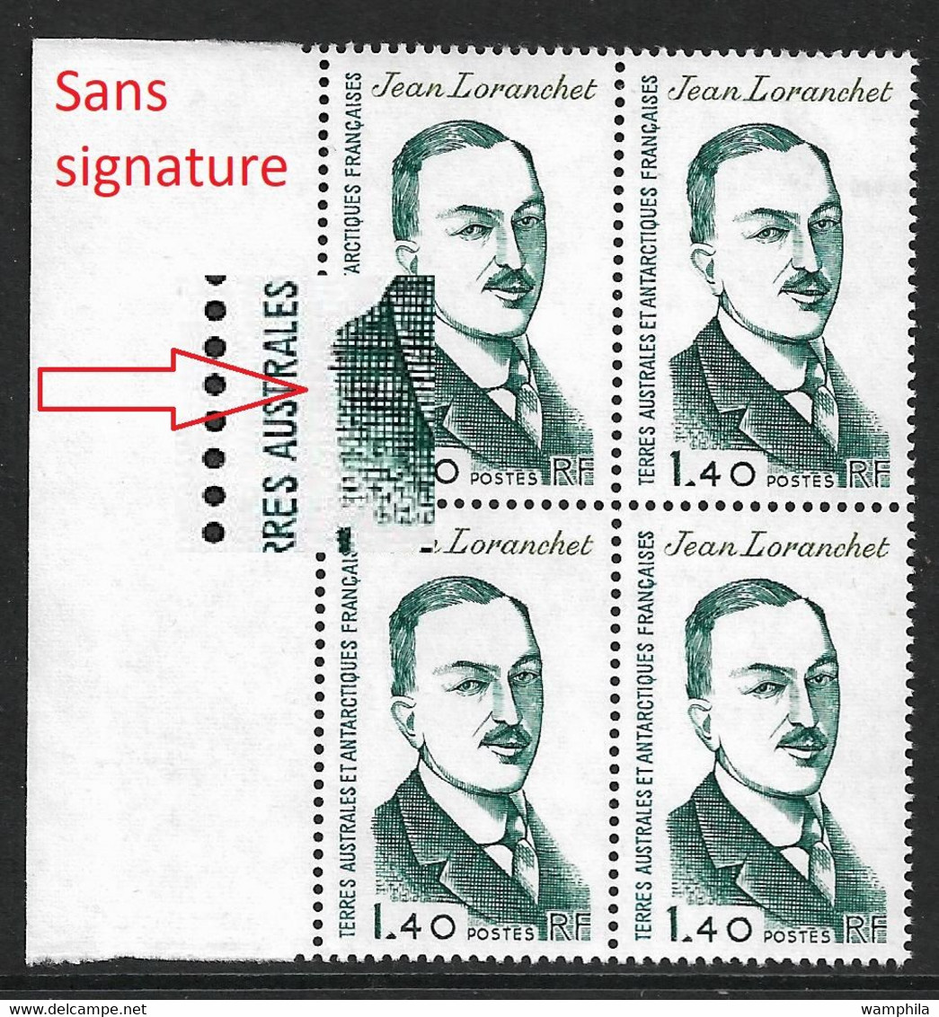 T.A.A.F .N°94a** 4 Variété Dans Un Bloc De 4 Sans Signature Du Graveur. Cote 168€. - Unused Stamps