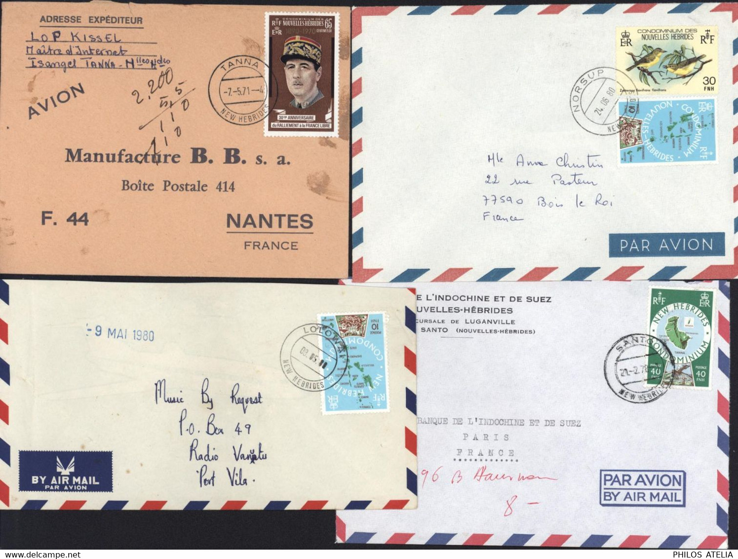 Nouvelles Hébrides 4 Enveloppes YT 294 CAD Tanna 7 5 41 + YT 502 Santo 21 2 78 + YT 496 Lolowai 3 5 80 + YT 496 Norsup - Storia Postale