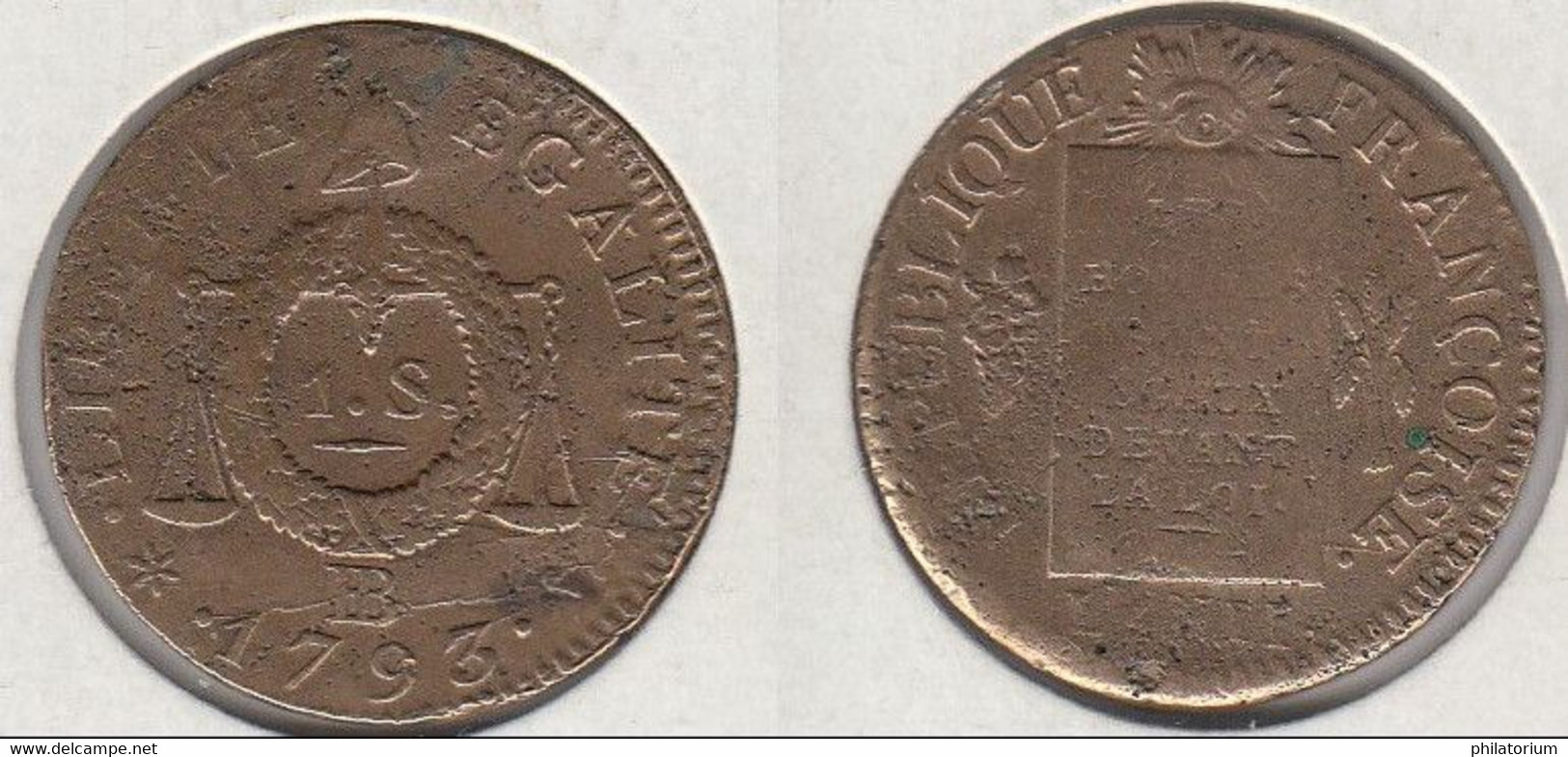 FRANCE  1 Sol Aux Balances 1793 BB (Strasbourg), REPUBLIQUE FRANÇOISE, 11,6gr - 1792-1804 Eerste Franse Republiek