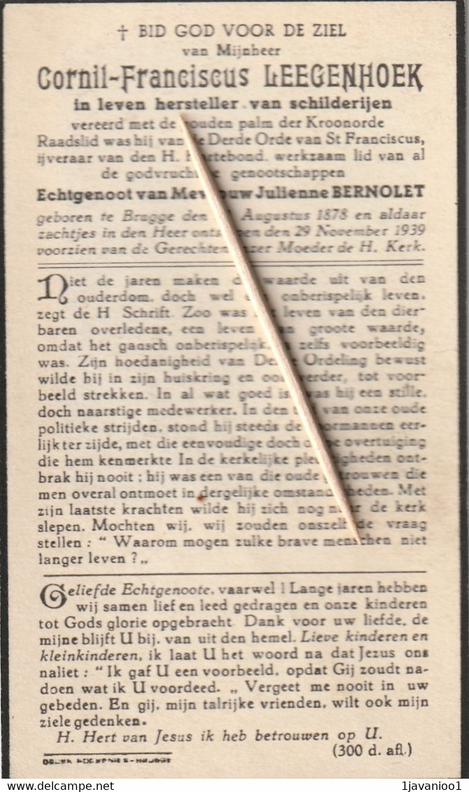 Brugge, ,1939, Cornil Leegenhoek, Bernolet, 1939, - Imágenes Religiosas