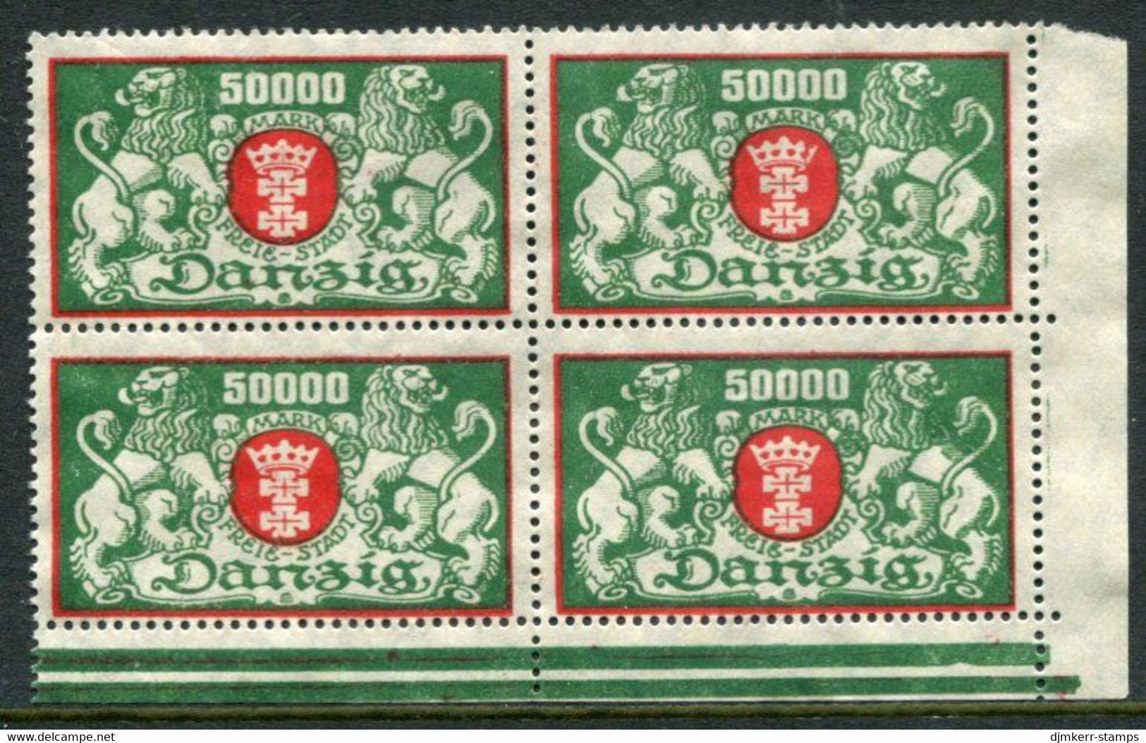 DANZIG 1923 Large Arms 50,000 Mk Block Of 4 Without Rosette Underprint, Unused Without Gum. . Michel 149 F - Nuevos